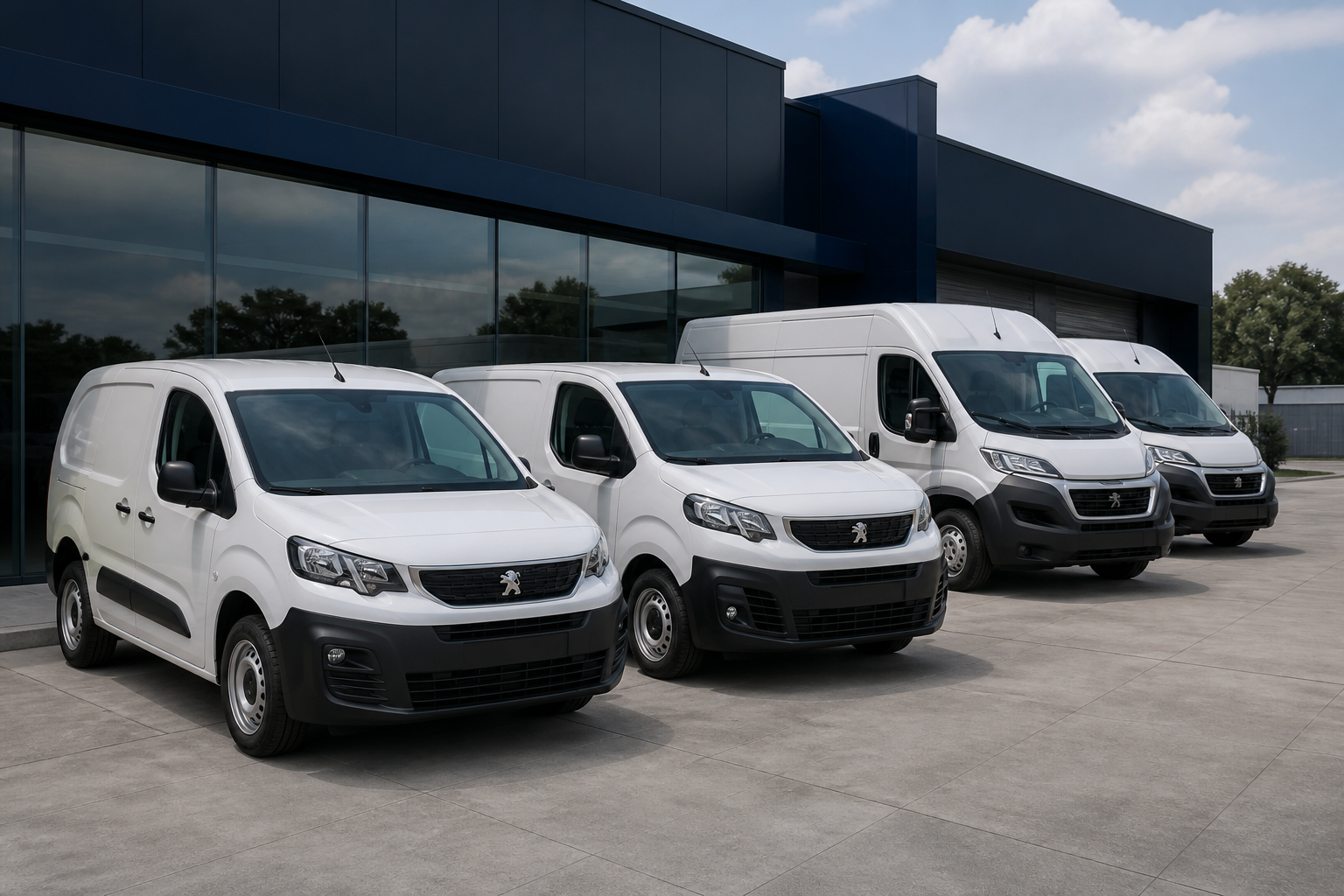 Flota de utilitarios Peugeot blancos preparada para una entrega corporativa